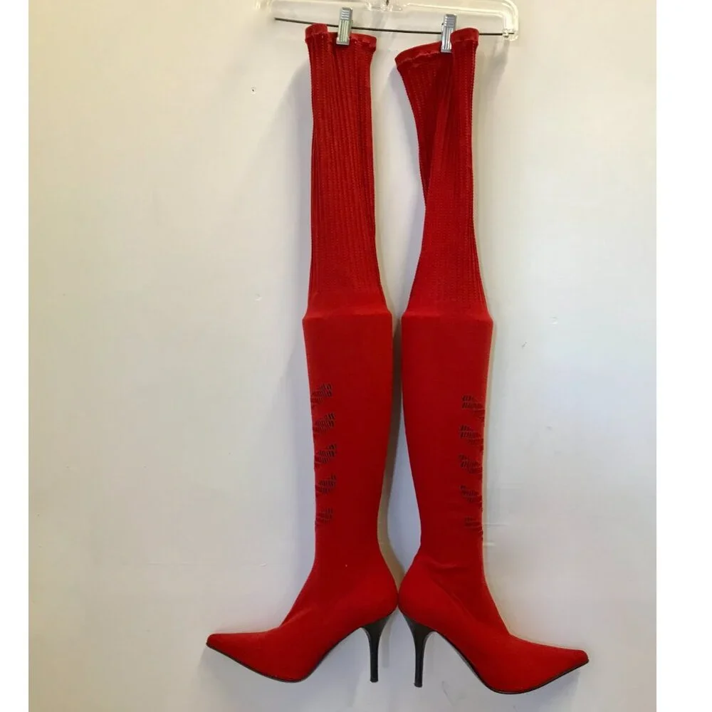 Donald J Pliner Elektra Tomato Red Crepe Elastic Over The Knee Boots RARE - Picture 9 of 10